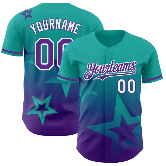 Maglia da baseball personalizzata con motivo a stelle acqua, autentica sfumatura luccicante viola-bianca, design 3D in stile Maglia da baseball personalizzata con motivo a stelle acqua, autentica sfumatura luccicante viola-bianca, design 3D in stile