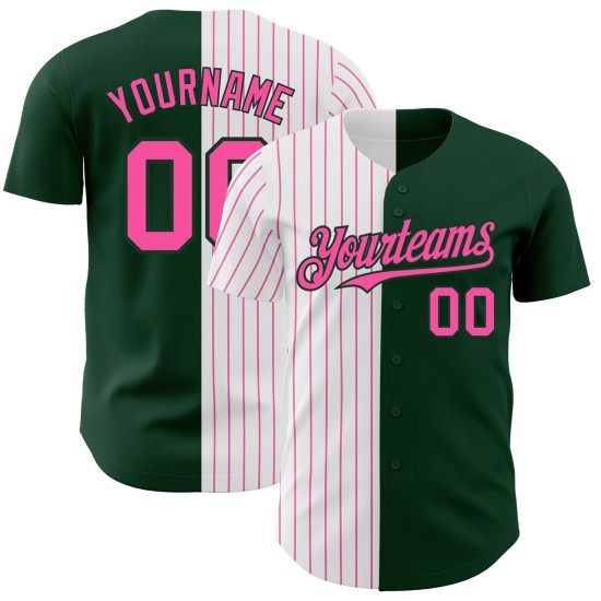 Maglia da baseball personalizzata Split Green Fashion a righe bianche e rosa autentica Maglia da baseball personalizzata Split Green Fashion a righe bianche e rosa autentica