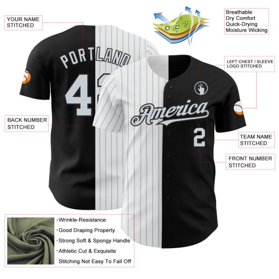 Maglia da baseball a righe nere autentiche personalizzate, stile "White-Argent Split" Maglia da baseball a righe nere autentiche personalizzate, stile "White-Argent Split"