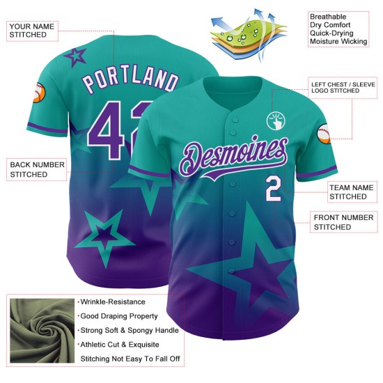 Maglia da baseball personalizzata con motivo a stelle acqua, autentica sfumatura luccicante viola-bianca, design 3D in stile Maglia da baseball personalizzata con motivo a stelle acqua, autentica sfumatura luccicante viola-bianca, design 3D in stile