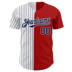 Maglia da baseball personalizzata rossa a righe bianche e blu navy autentiche Maglia da baseball personalizzata rossa a righe bianche e blu navy autentiche