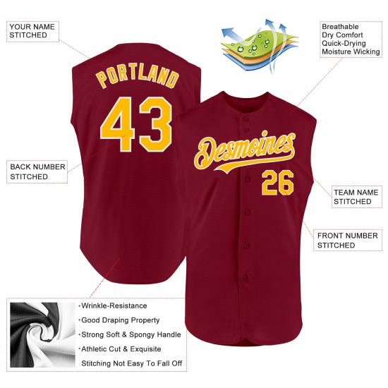 Maglia da baseball autentica personalizzata color oro-bianco cremisi senza maniche Maglia da baseball autentica personalizzata color oro-bianco cremisi senza maniche