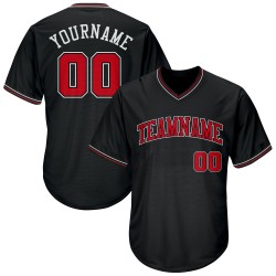 Maglietta da baseball nera personalizzata, maglia retrò a costine, autentica, rosso-bianca Maglietta da baseball nera personalizzata, maglia retrò a costine, autentica, rosso-bianca