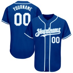 Maglia da baseball personalizzata autentica bianca e azzurra Royal Maglia da baseball personalizzata autentica bianca e azzurra Royal