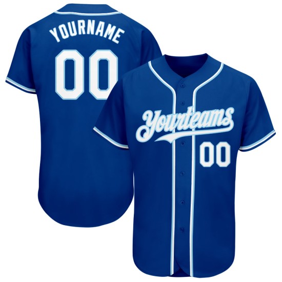 Maglia da baseball personalizzata autentica bianca e azzurra Royal Maglia da baseball personalizzata autentica bianca e azzurra Royal