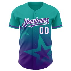 Maglia da baseball personalizzata con motivo a stelle acqua, autentica sfumatura luccicante viola-bianca, design 3D in stile Maglia da baseball personalizzata con motivo a stelle acqua, autentica sfumatura luccicante viola-bianca, design 3D in stile