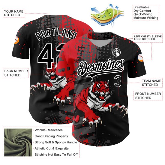 Maglia da baseball personalizzata con motivo 3D Tiger, autentica, rossa e bianca, con animali. Maglia da baseball personalizzata con motivo 3D Tiger, autentica, rossa e bianca, con animali.