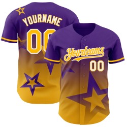 Maglia da baseball personalizzata Twinkle Design Star con motivo sfumato 3D oro-bianco viola, stile autentico Maglia da baseball personalizzata Twinkle Design Star con motivo sfumato 3D oro-bianco viola, stile autentico