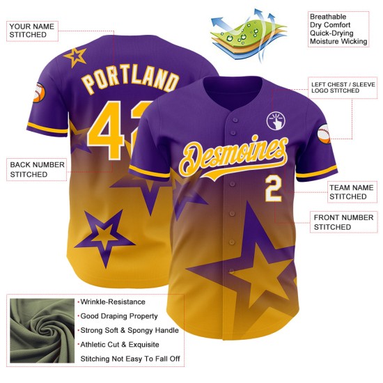 Maglia da baseball personalizzata Twinkle Design Star con motivo sfumato 3D oro-bianco viola, stile autentico Maglia da baseball personalizzata Twinkle Design Star con motivo sfumato 3D oro-bianco viola, stile autentico