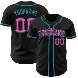 Maglia da baseball personalizzata nera rosa-verde acqua autentica Maglia da baseball personalizzata nera rosa-verde acqua autentica
