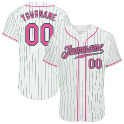 Maglia da baseball autentica a righe rosa e verde Kelly, bianca, personalizzata, verde Kelly Maglia da baseball autentica a righe rosa e verde Kelly, bianca, personalizzata, verde Kelly