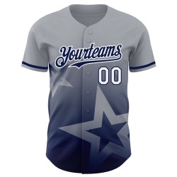 Maglia da baseball Star Twinkle personalizzata in 3D con design autentico grigio sfumato blu navy e bianco Maglia da baseball Star Twinkle personalizzata in 3D con design autentico grigio sfumato blu navy e bianco