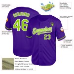 Maglia da baseball personalizzata in maglia autentica verde neon e bianca, stile retrò, viola Maglia da baseball personalizzata in maglia autentica verde neon e bianca, stile retrò, viola