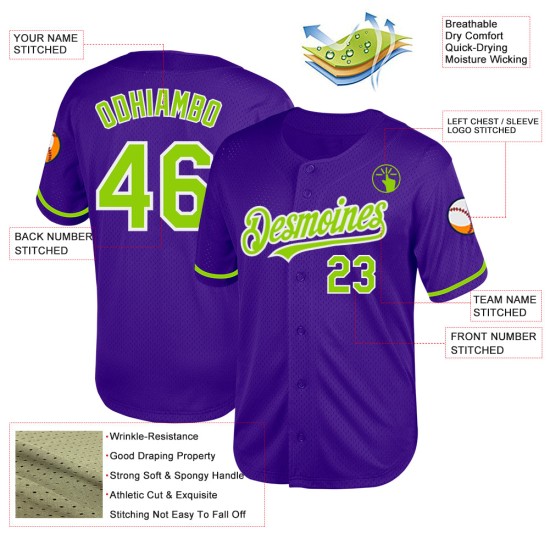 Maglia da baseball personalizzata in maglia autentica verde neon e bianca, stile retrò, viola Maglia da baseball personalizzata in maglia autentica verde neon e bianca, stile retrò, viola