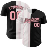Maglia da baseball a righe nere personalizzate, autentiche, bianche e rosa medio divise Maglia da baseball a righe nere personalizzate, autentiche, bianche e rosa medio divise