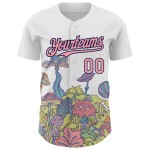 Maglia da baseball personalizzata autentica e 3D con motivo floreale, funghi bianchi, rosa-blu navy, allucinazione psichedelica, design medio colorato Maglia da baseball personalizzata autentica e 3D con motivo floreale, funghi bianchi, rosa-blu navy, allucinazione psichedelica, design medio colorato