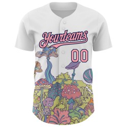 Maglia da baseball personalizzata autentica e 3D con motivo floreale, funghi bianchi, rosa-blu navy, allucinazione psichedelica, design medio colorato Maglia da baseball personalizzata autentica e 3D con motivo floreale, funghi bianchi, rosa-blu navy, allucinazione psichedelica, design medio colorato