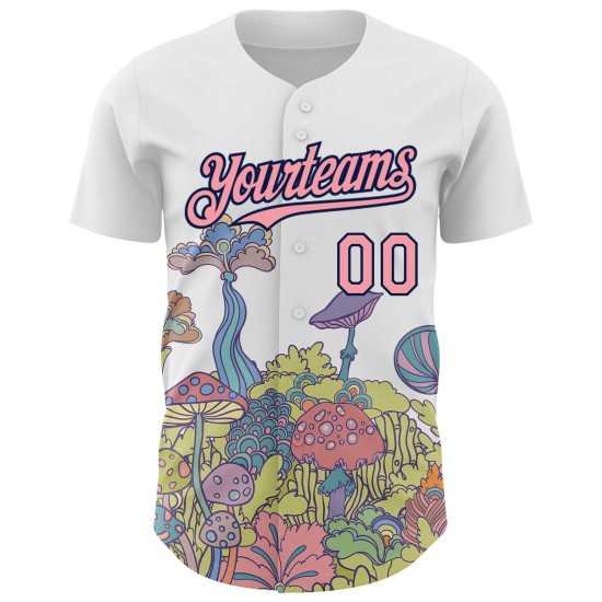 Maglia da baseball personalizzata autentica e 3D con motivo floreale, funghi bianchi, rosa-blu navy, allucinazione psichedelica, design medio colorato Maglia da baseball personalizzata autentica e 3D con motivo floreale, funghi bianchi, rosa-blu navy, allucinazione psichedelica, design medio colorato