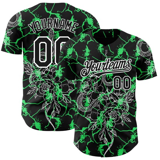 Maglia da baseball con motivo a serpente neon 3D, personalizzata, nera, verde e bianca, con design a tema animale. Maglia da baseball con motivo a serpente neon 3D, personalizzata, nera, verde e bianca, con design a tema animale.